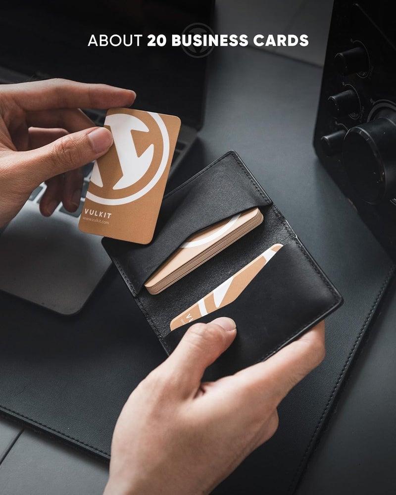 VULKIT حامل بطاقات العمل من الجلد الأصلي ذو جانبين نحيف منظم لبطاقات العمل للرجال أو النساء، يحمل حتى 20 بطاقة (أسود أصلي) - Image 4